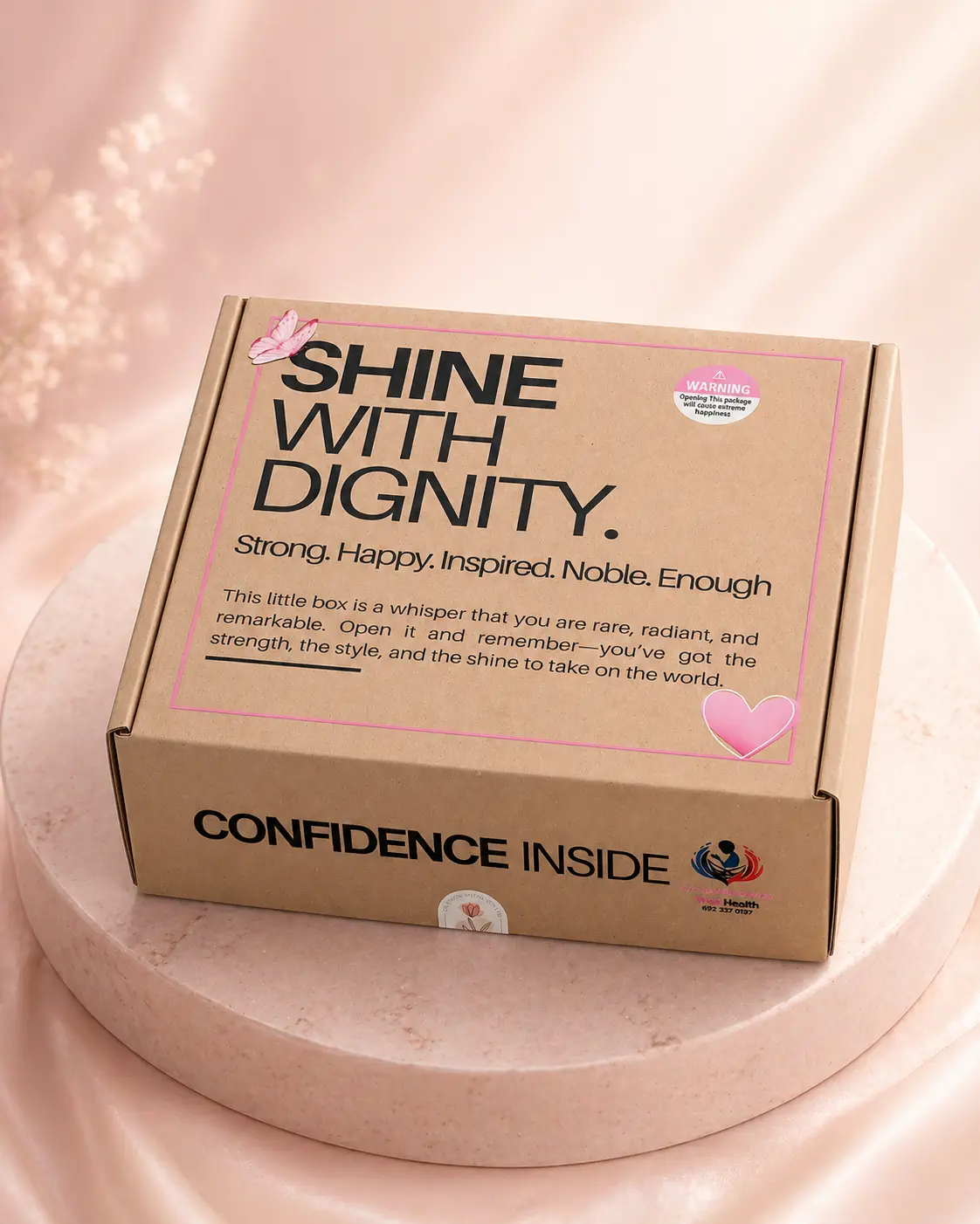 The SHINE With Dignity Pack — premium menstrual wellness care box, beautifully presented