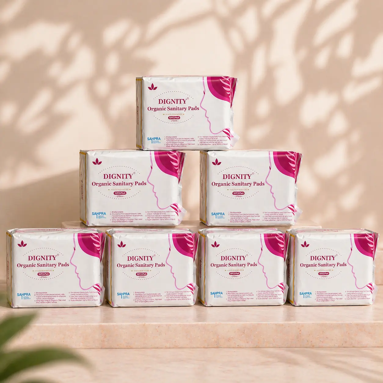 Seven packs of Dignity Organic sanitary pads included in the SHINE Pack