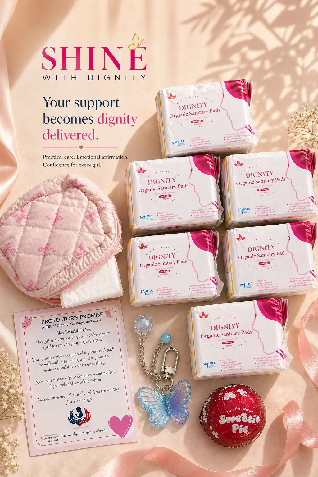 SHINE With Dignity Pack ready for delivery — practical care, confidence, and dignity beautifully packaged