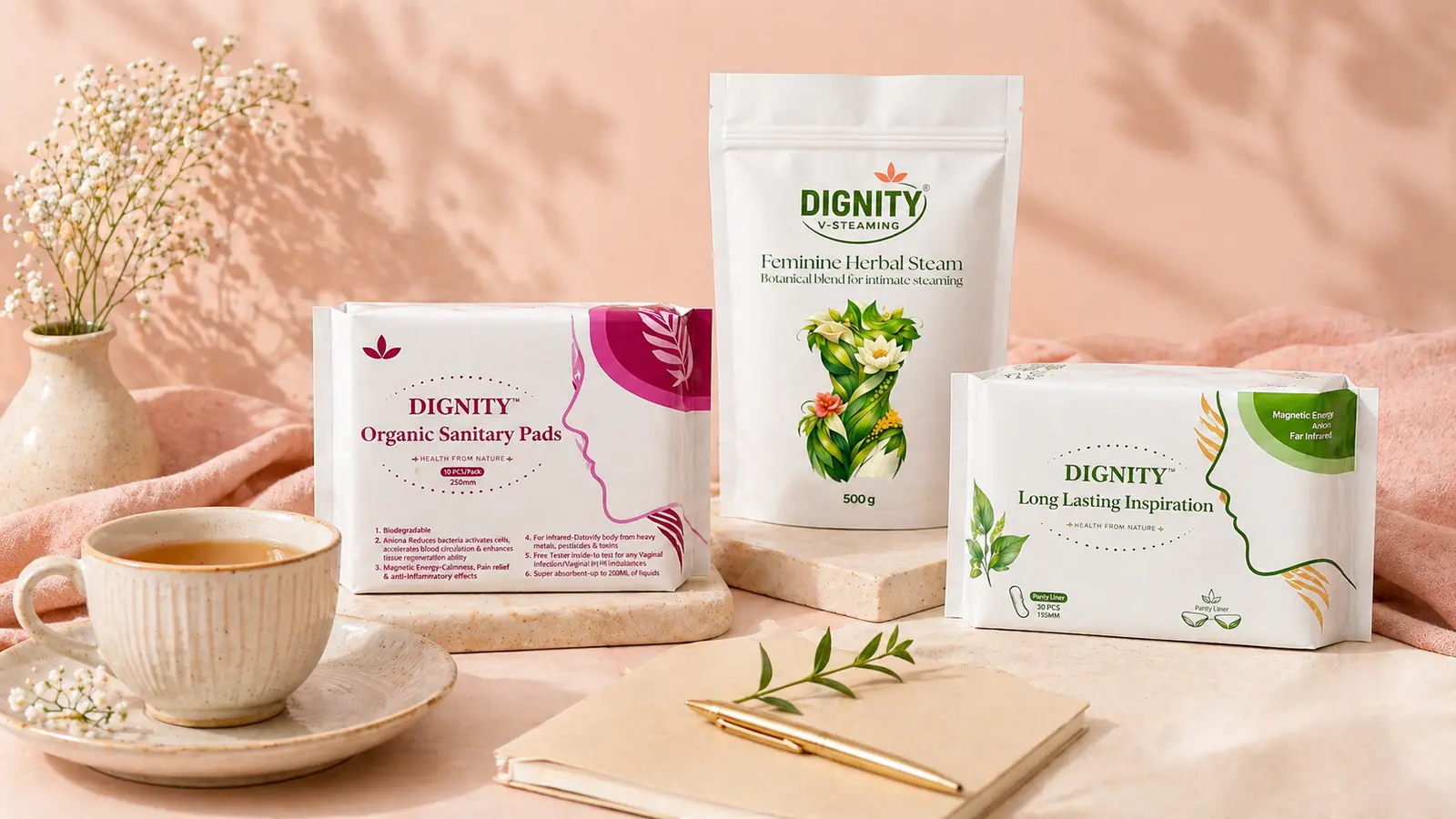 A complete care routine including Dignity Organic products