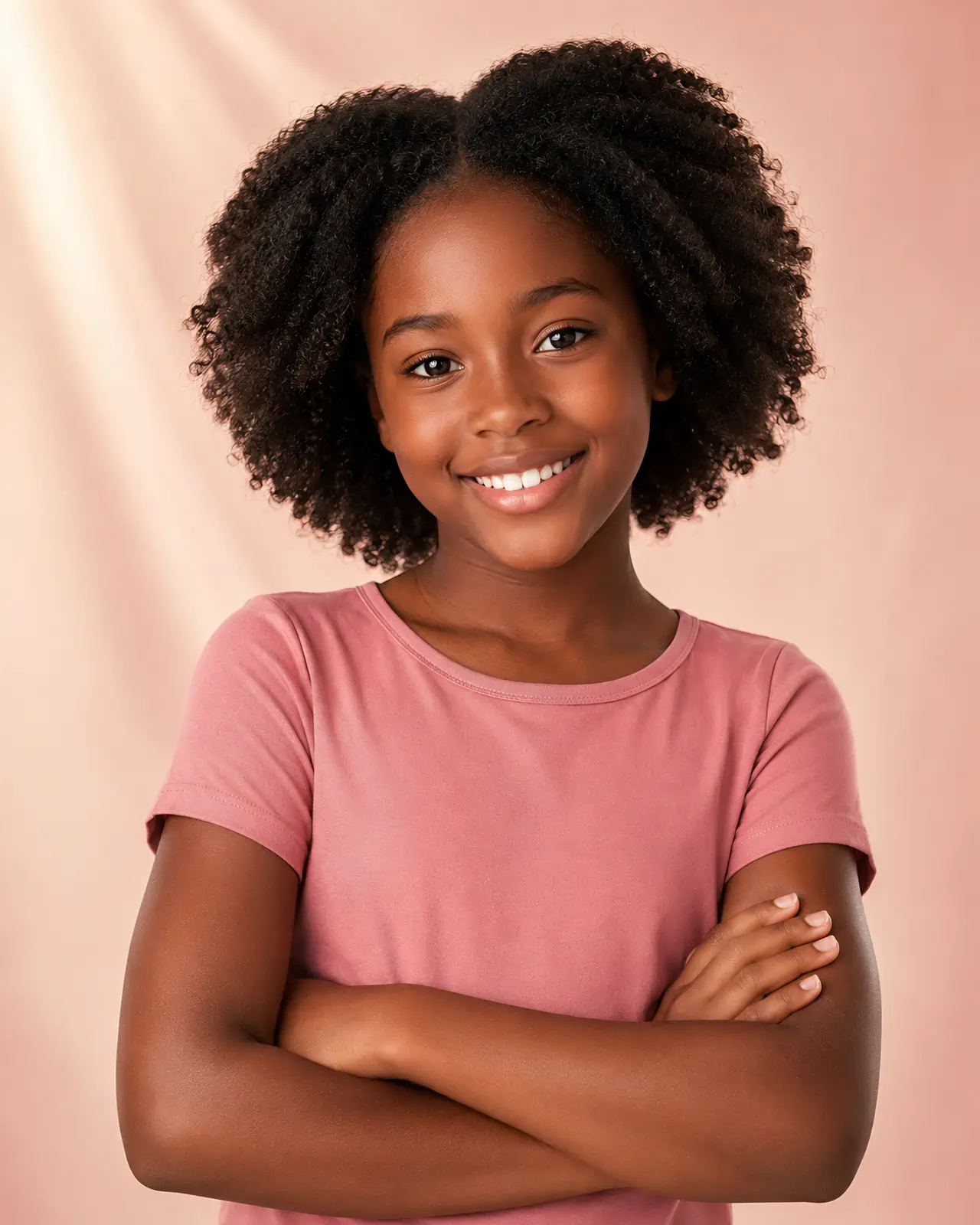 Confident young Black girl smiling in a warm studio portrait