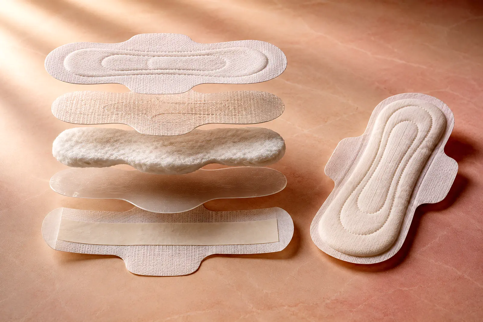 Illustrative exploded view showing the general layers of sanitary pad construction beside a completed pad