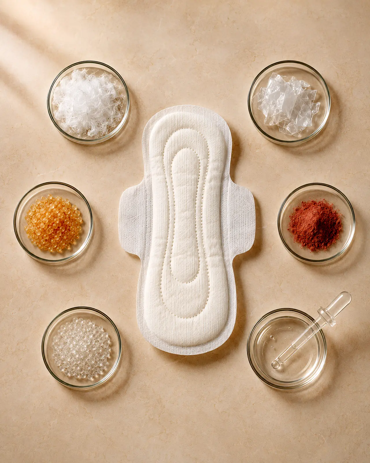 Clean sanitary pad surrounded by representative material samples including fibres, plastic film, granules, pigment and clear liquid