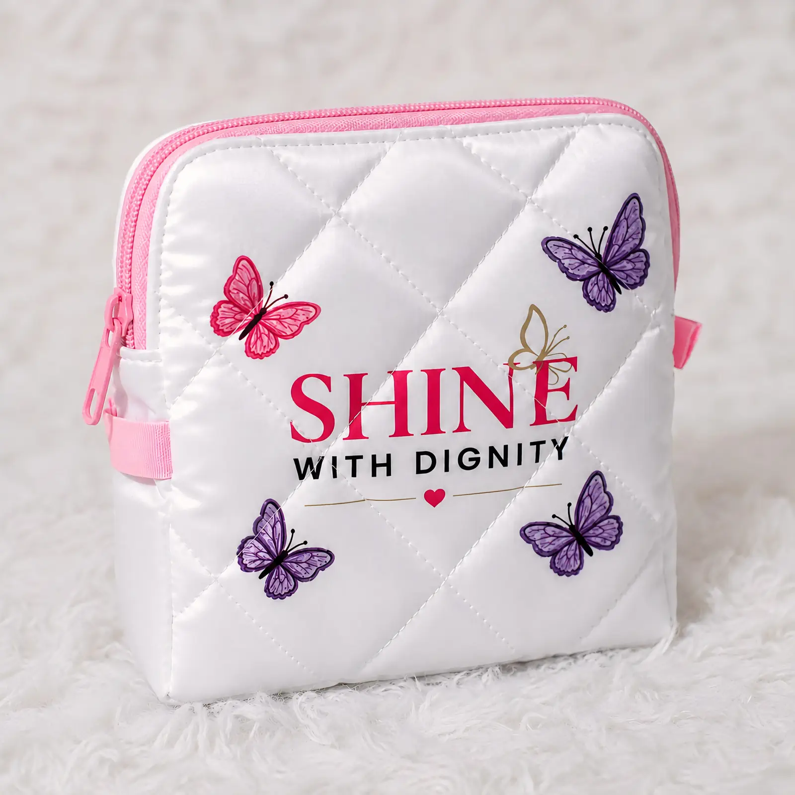 Reusable pink pouch for discreet menstrual care storage
