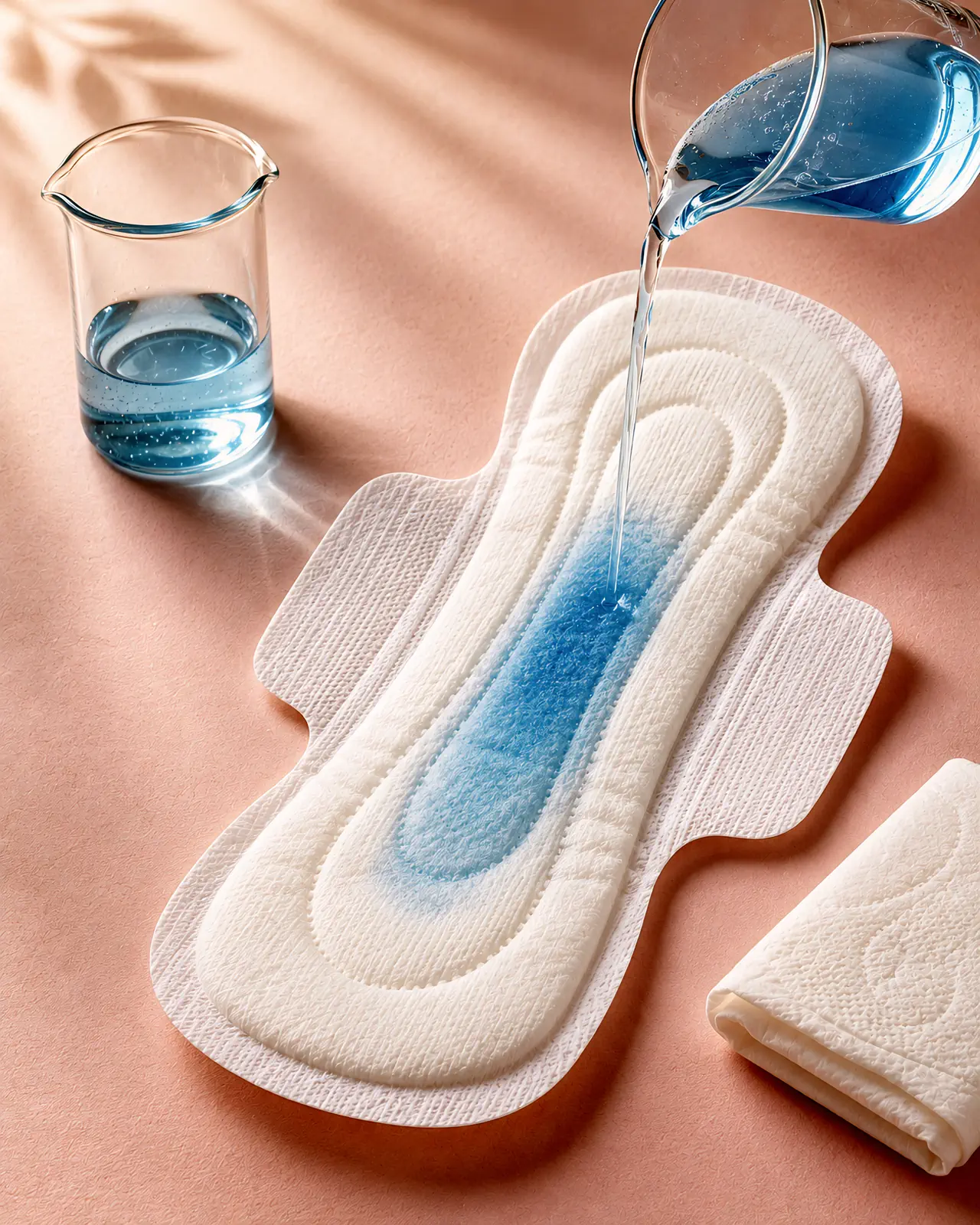 Controlled absorbency demonstration showing pale-blue liquid being drawn into the centre of a clean sanitary pad