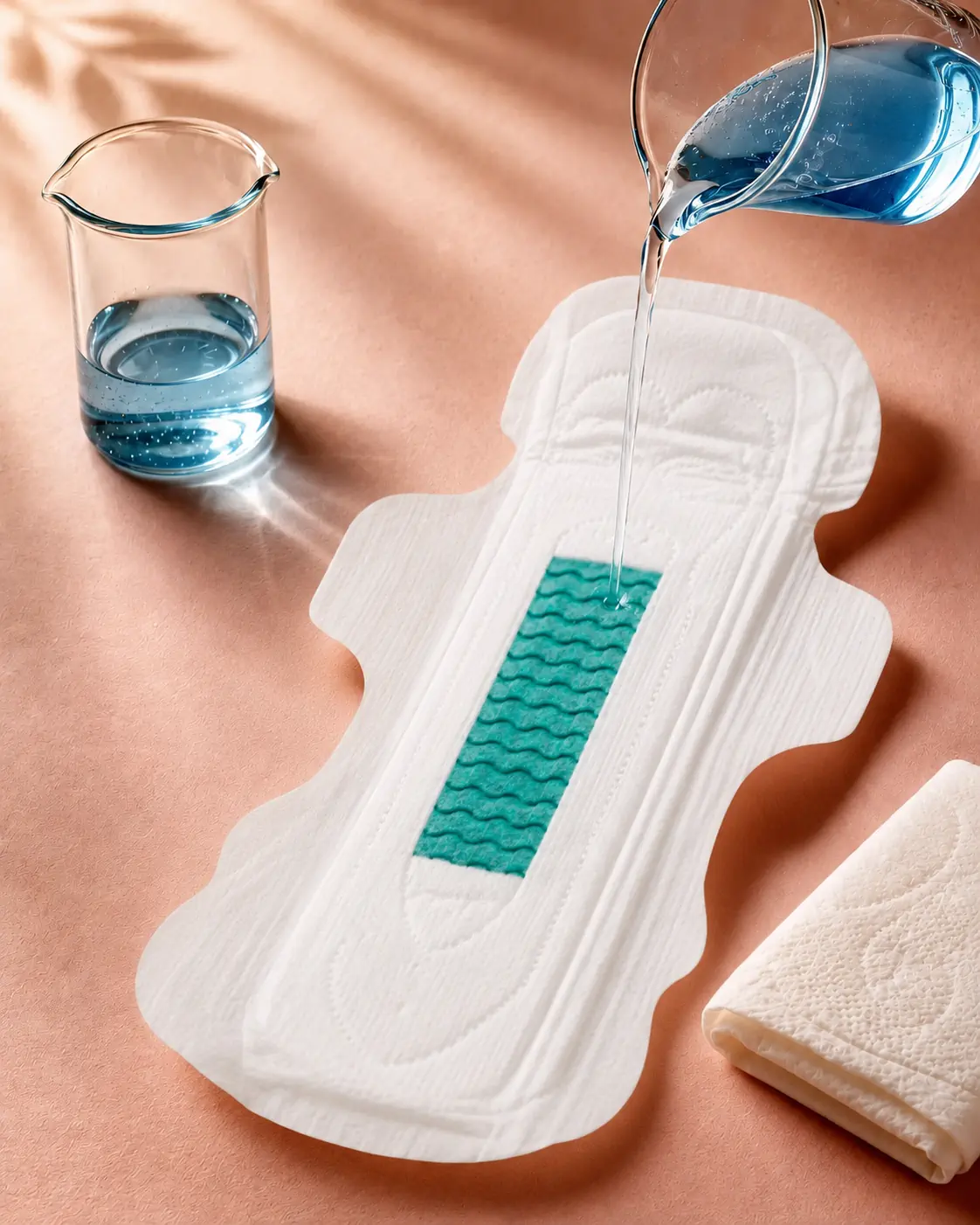 Controlled absorbency demonstration showing pale-blue liquid being drawn into the centre of a clean sanitary pad