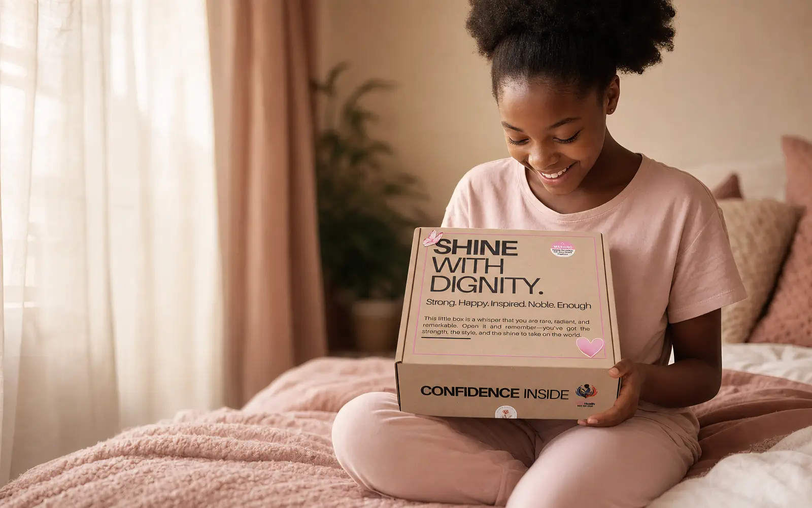 A girl smiling as she holds a SHINE With Dignity pack