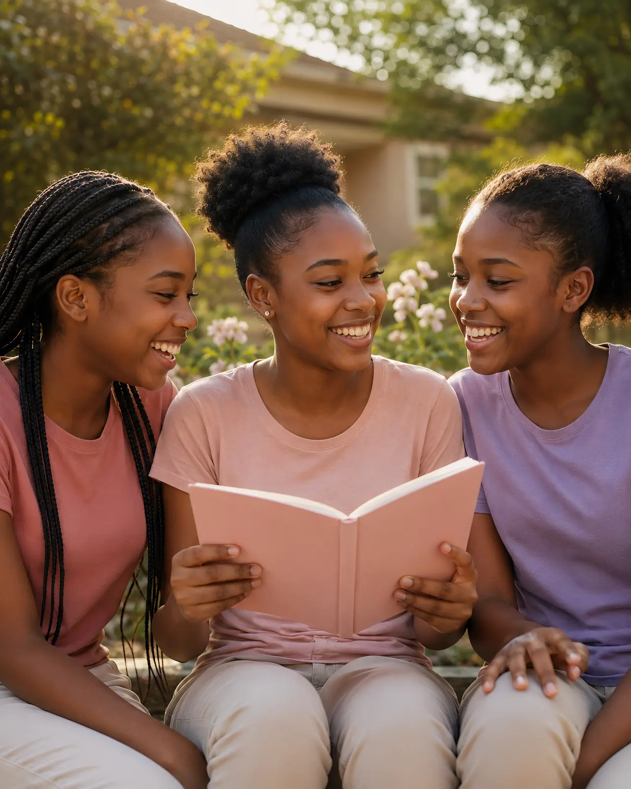 Three Black teenage girls sharing a joyful moment with a pink notebook