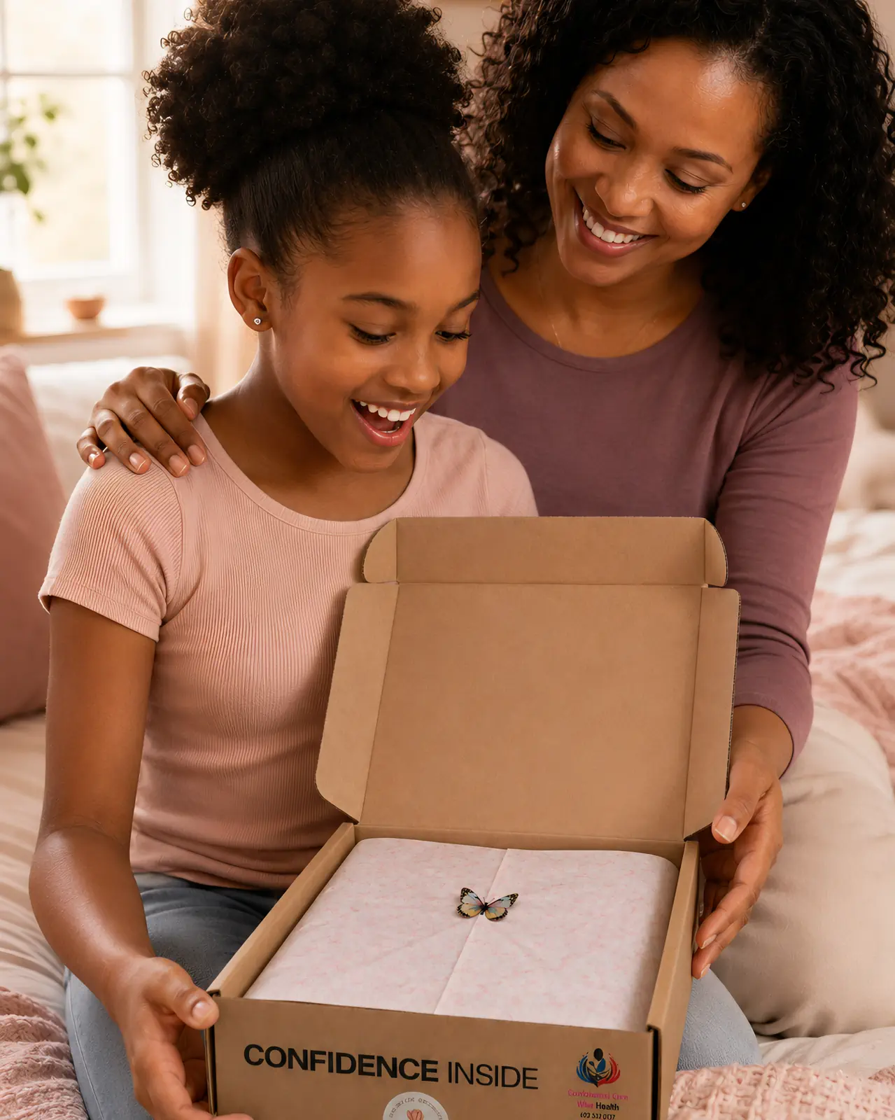 A young girl smiling while opening her SHINE With Dignity box with her mother beside her